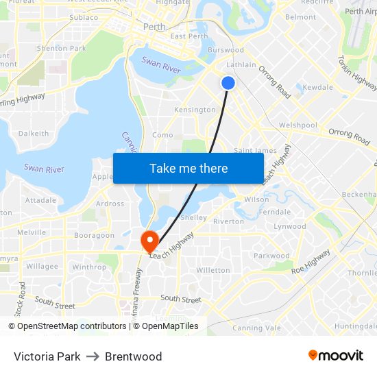 Victoria Park to Brentwood map