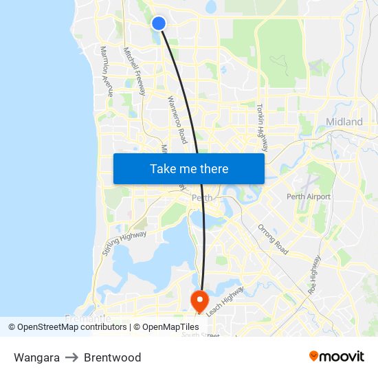 Wangara to Brentwood map