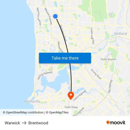 Warwick to Brentwood map