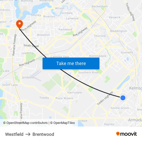 Westfield to Brentwood map