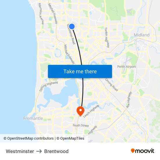 Westminster to Brentwood map