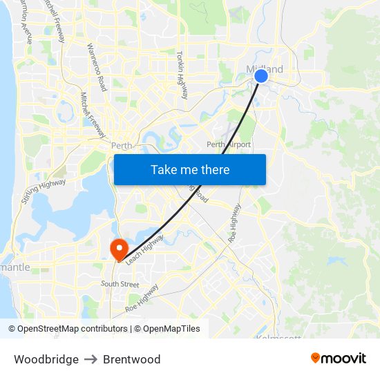 Woodbridge to Brentwood map