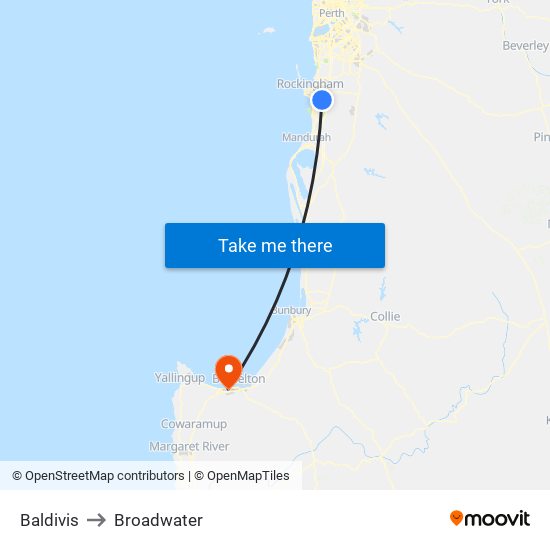 Baldivis to Broadwater map