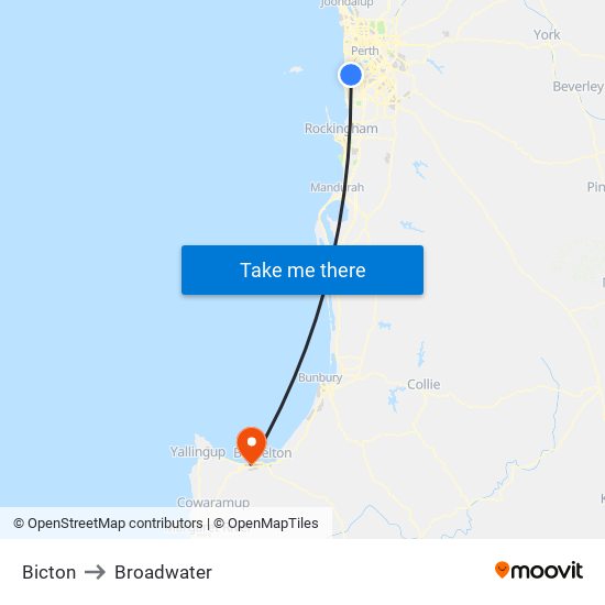 Bicton to Broadwater map