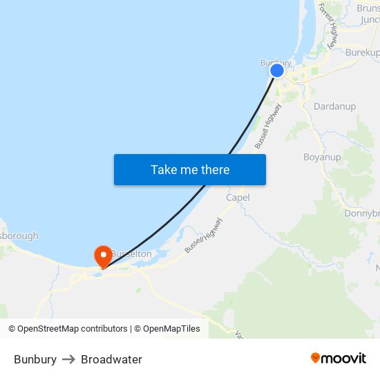 Bunbury to Broadwater map