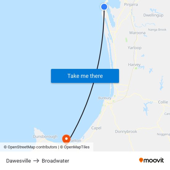 Dawesville to Broadwater map
