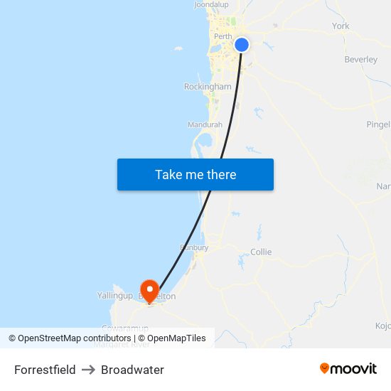 Forrestfield to Broadwater map