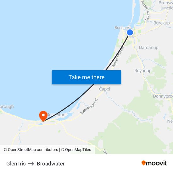 Glen Iris to Broadwater map