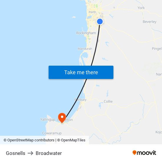 Gosnells to Broadwater map