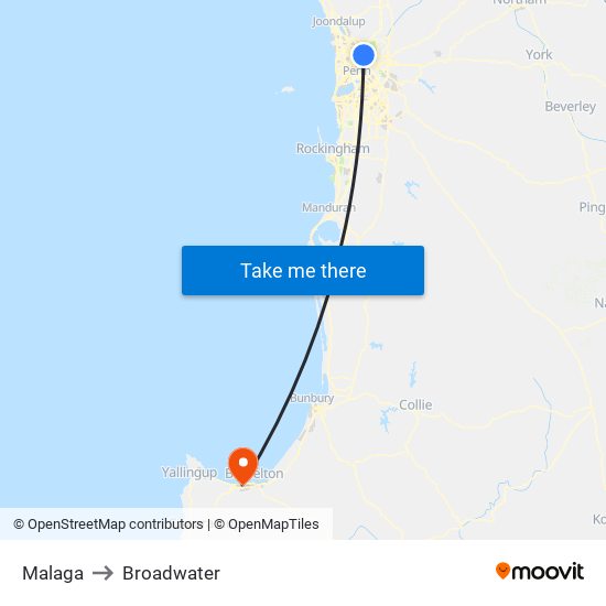 Malaga to Broadwater map