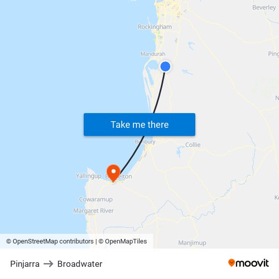 Pinjarra to Broadwater map