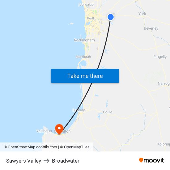 Sawyers Valley to Broadwater map