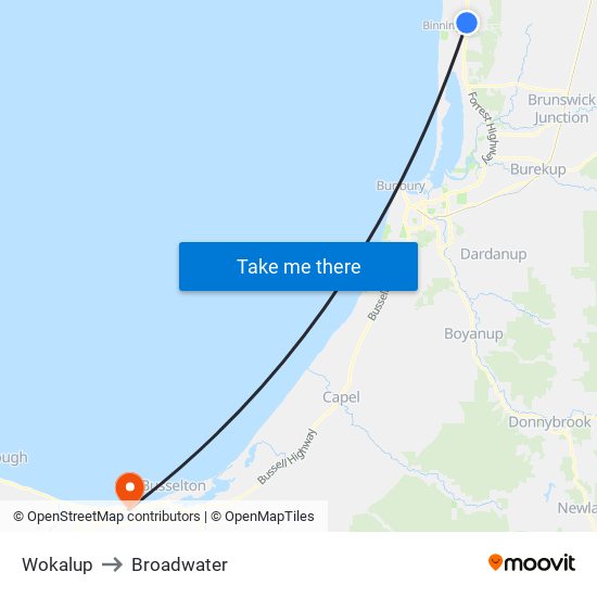 Wokalup to Broadwater map