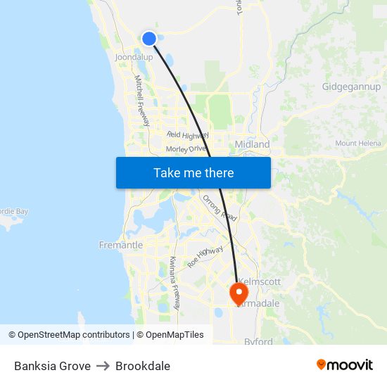 Banksia Grove to Brookdale map