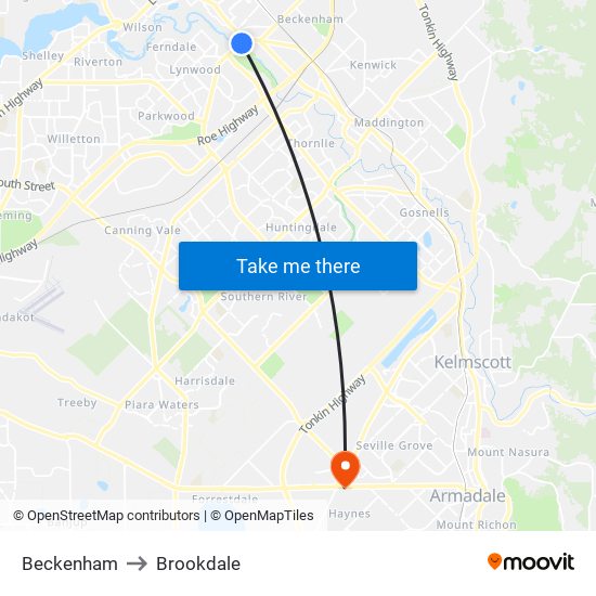 Beckenham to Brookdale map