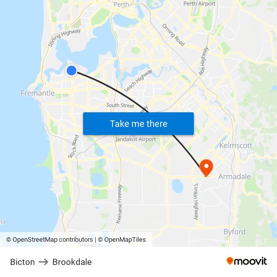 Bicton to Brookdale map