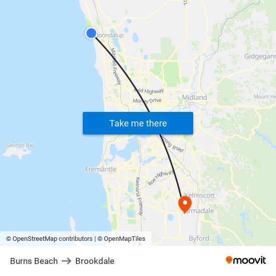 Burns Beach to Brookdale map