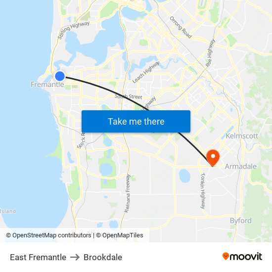 East Fremantle to Brookdale map