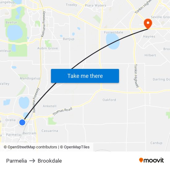 Parmelia to Brookdale map