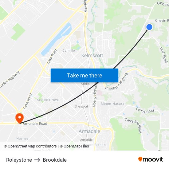 Roleystone to Brookdale map