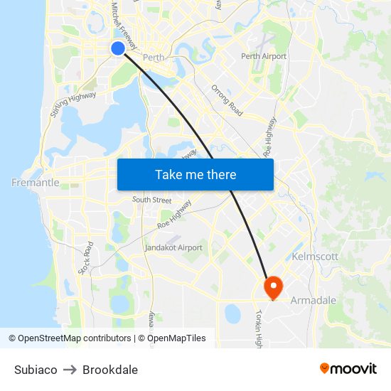 Subiaco to Brookdale map