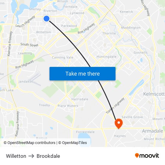 Willetton to Brookdale map