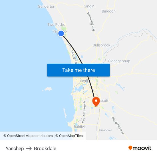 Yanchep to Brookdale map