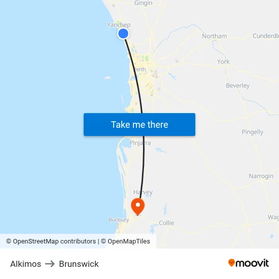 Alkimos to Brunswick map