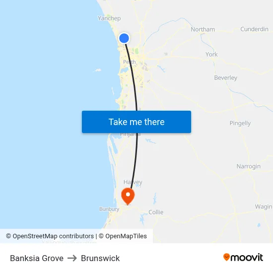 Banksia Grove to Brunswick map