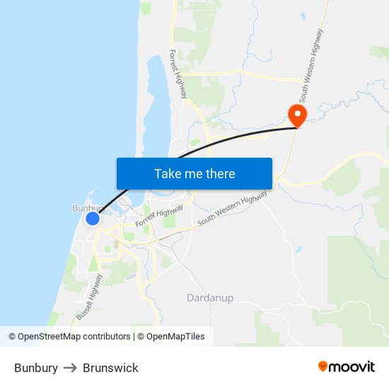 Bunbury to Brunswick map