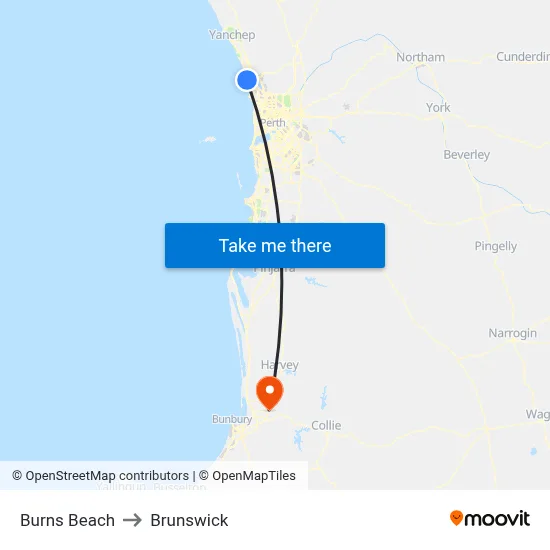 Burns Beach to Brunswick map