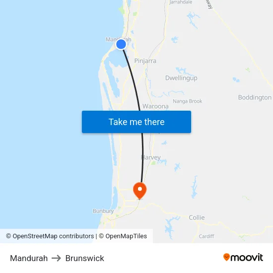 Mandurah to Brunswick map