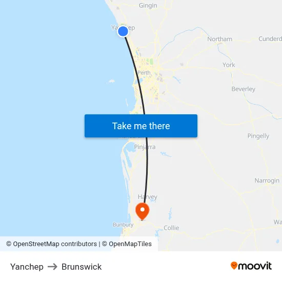 Yanchep to Brunswick map