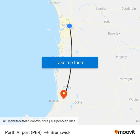 Perth Airport (PER) to Brunswick map