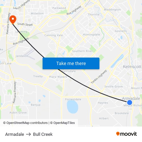 Armadale to Bull Creek map