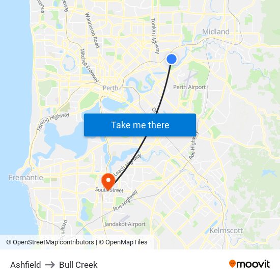 Ashfield to Bull Creek map