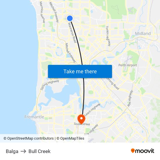 Balga to Bull Creek map