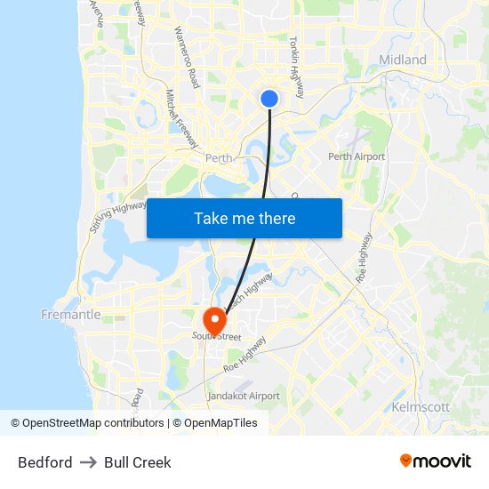 Bedford to Bull Creek map