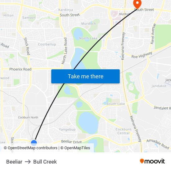 Beeliar to Bull Creek map