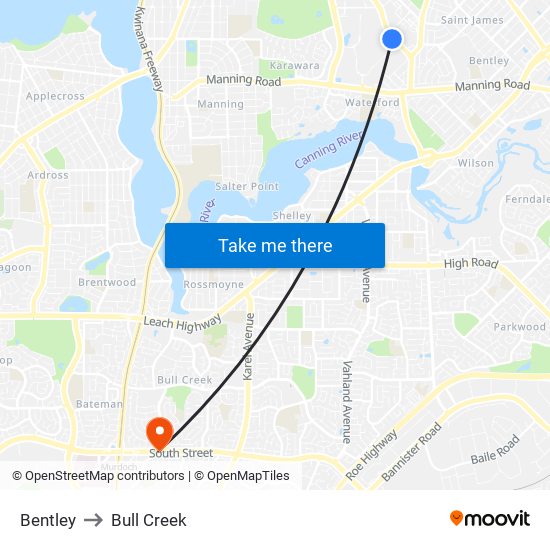 Bentley to Bull Creek map