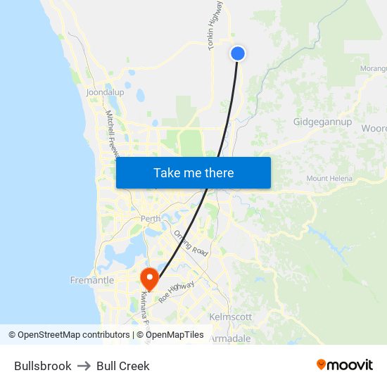 Bullsbrook to Bull Creek map