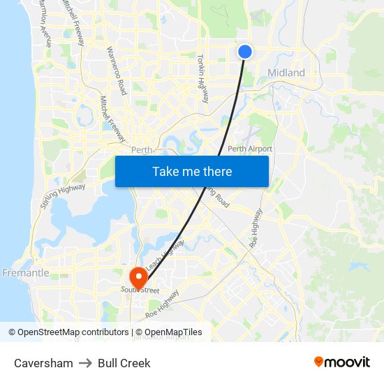 Caversham to Bull Creek map