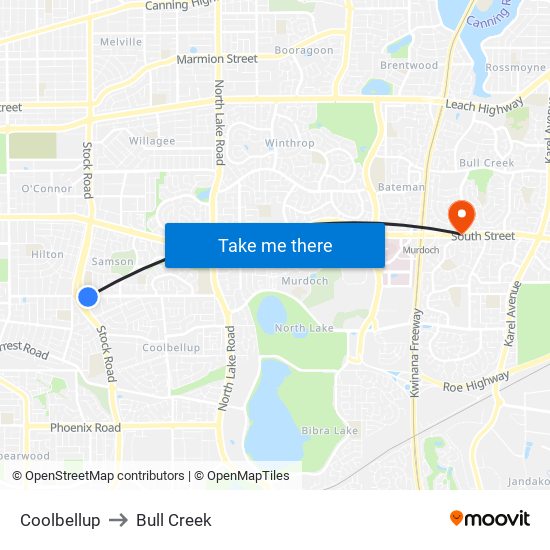 Coolbellup to Bull Creek map