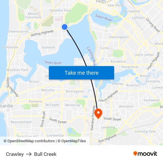 Crawley to Bull Creek map