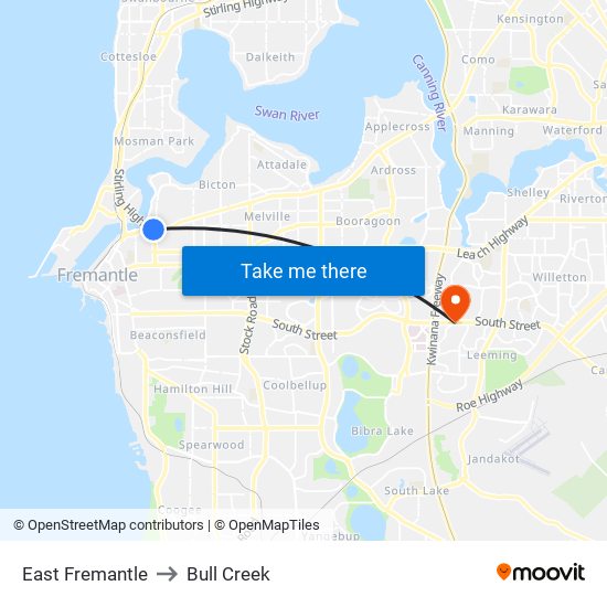East Fremantle to Bull Creek map
