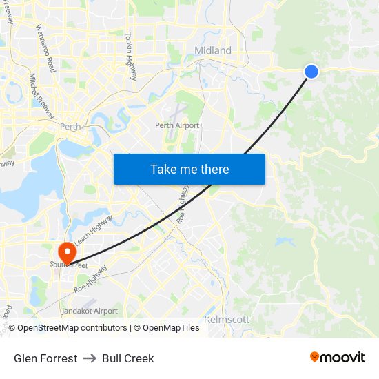 Glen Forrest to Bull Creek map