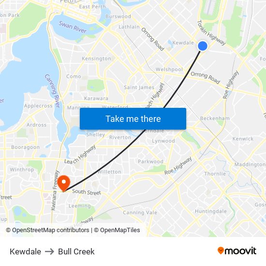 Kewdale to Bull Creek map