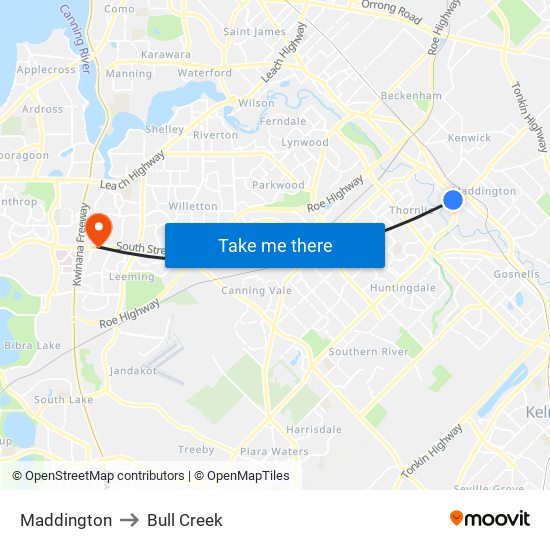 Maddington to Bull Creek map