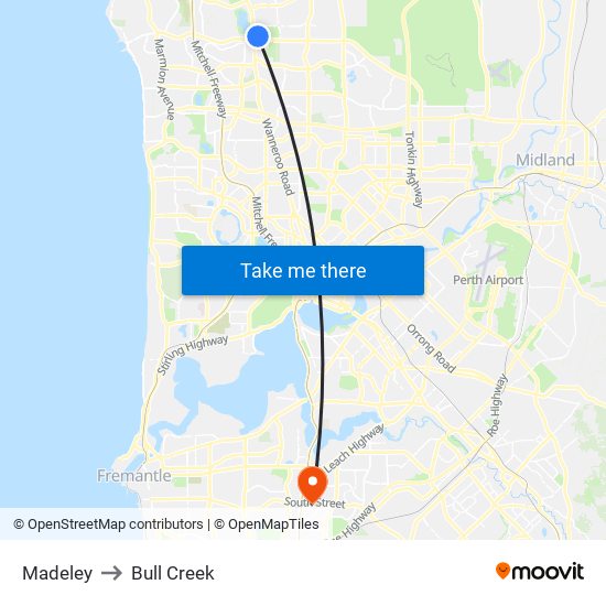 Madeley to Bull Creek map