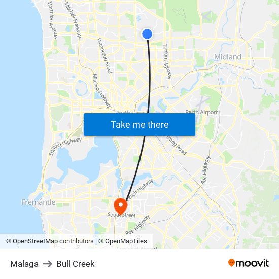 Malaga to Bull Creek map